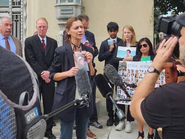 Various family members who lost loved ones in the Boeing crash, speak to the media following Friday’s hearing outside the federal courthouse in Fort Worth, Texas. 